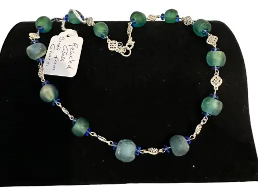 [182] Blue/Green Recycled Glass Beads from Ghana Necklace