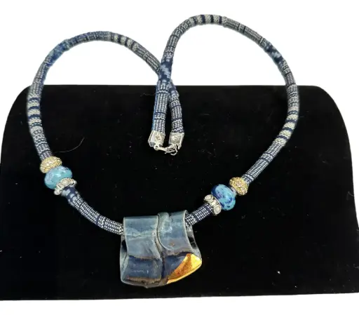 [183] Blue Corded Necklace with Blue Ceramic Dangle