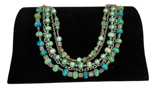 [187] 5-chain Necklace Mixture of Green and Silver-tone Beads