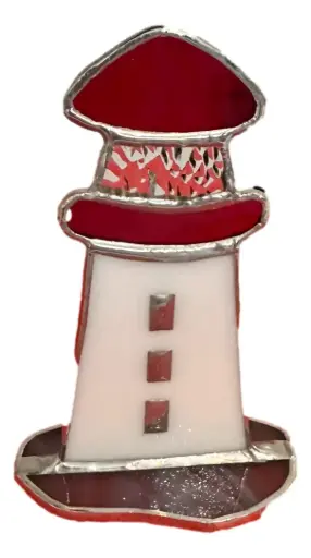 [125030] Small Stained Glass Lighthouse on Stand - 3 Windows 