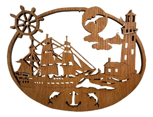 [11901] Oval Big Ship Lighthouse Red Oak Wall Plaque