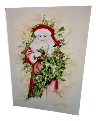 [10193] Hand-painted Santa and Ivy Christmas Card - 7"x5" 