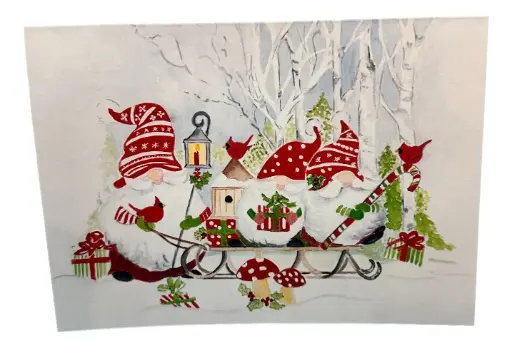 [10194] Hand-painted Gnome Santa and Gnome Elves Christmas Card - 7"x5" 