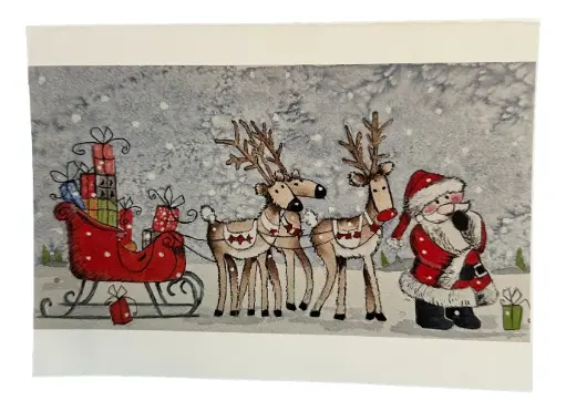 [10195] Hand-painted Santa and Reindeer Christmas Card - 7"x5"