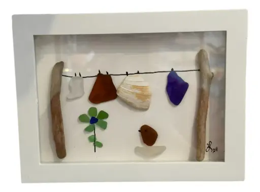 [15601] Framed Sea Glass Clothes Line Picture