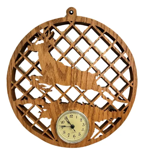 [11907] Red Oak Jumping Deer Clock Wall Plaque
