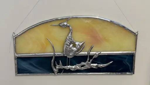 [1913036] Two-level Yellow/Blue Stained Glass with Blue Heron