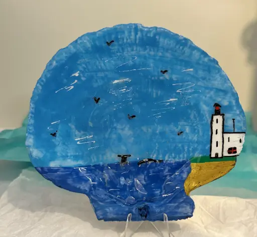 [15616] Lighthouse Painted on Scallop Shell