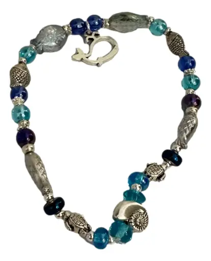 [JD180] Blue & Silver-tone Shell Beaded Ankle Bracelet w/Whale Drop Charm   