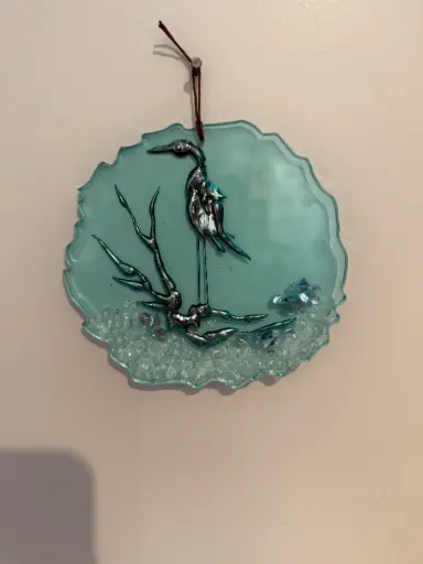 [1913101] Silver Solder Blue Heron Round Resin Suncatcher  